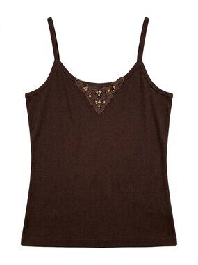 Reitmans Brown Ribbed Cami with Lace & Bead Accents - Size XL